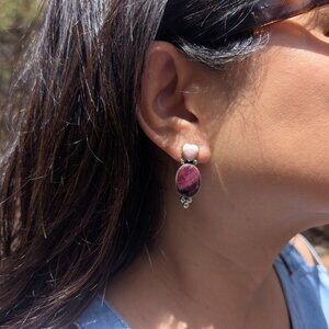 Handmade Navajo Sterling Silver Purple Spiny Oyster & Pink Heart Post Earrings**